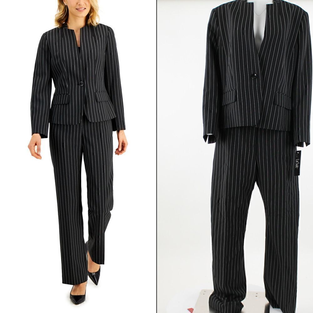 Le Suit Striped Stand-Collar Pantsuit BlackWhite